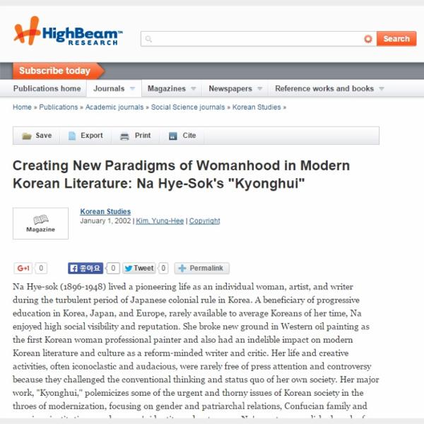 Creating New Paradigms of Womanhood in Modern Korean Literature: Na Hye-Sok's 