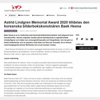 ​Astrid Lindgren Memorial Award 2020 tilldelas den koreanska bilderbokskonstnären Baek Heena