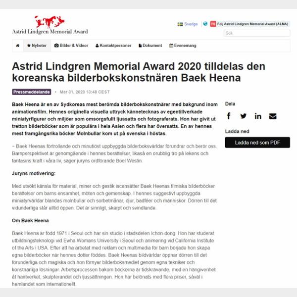 ​Astrid Lindgren Memorial Award 2020 tilldelas den koreanska bilderbokskonstnären Baek Heena